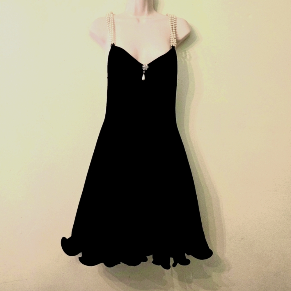 New Ashlee by California Black Chiffon Dress with White Pearl Straps Size 8